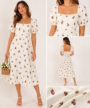 Jo West Strawberry Print Midi Dress XS Cottagecore Puff Sleeve Tie Back White
